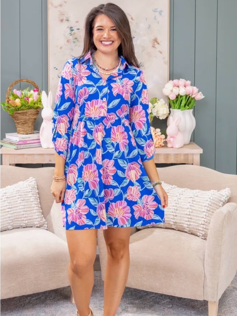 Vivid Blue Floral Mini Shirt Dress with Pink Blooms